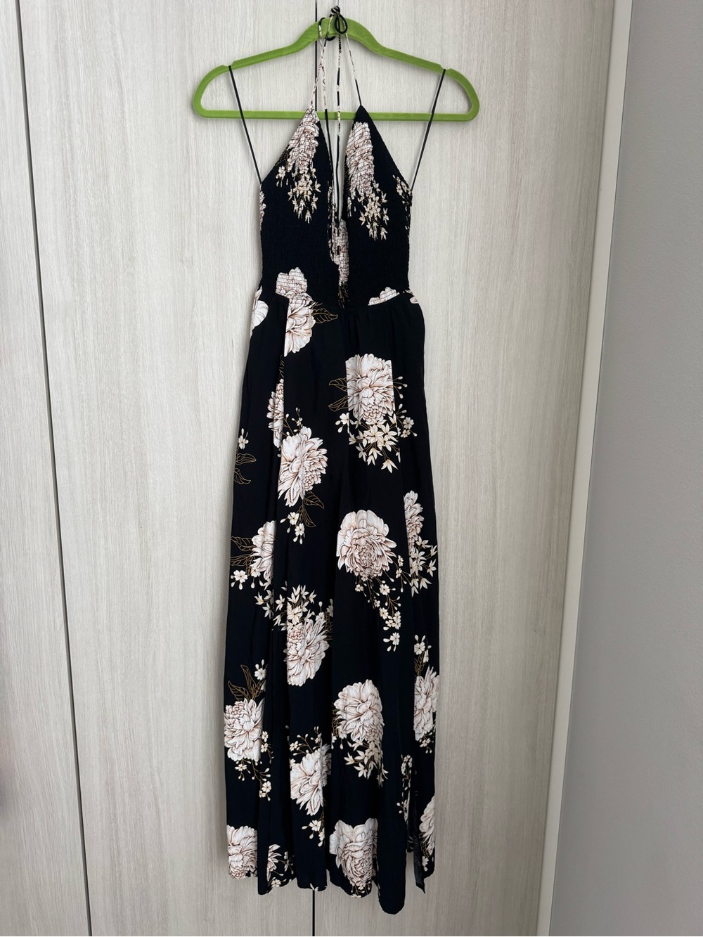 Aakaa Black Halter Maxi Dress with Cream Floral Print sz S